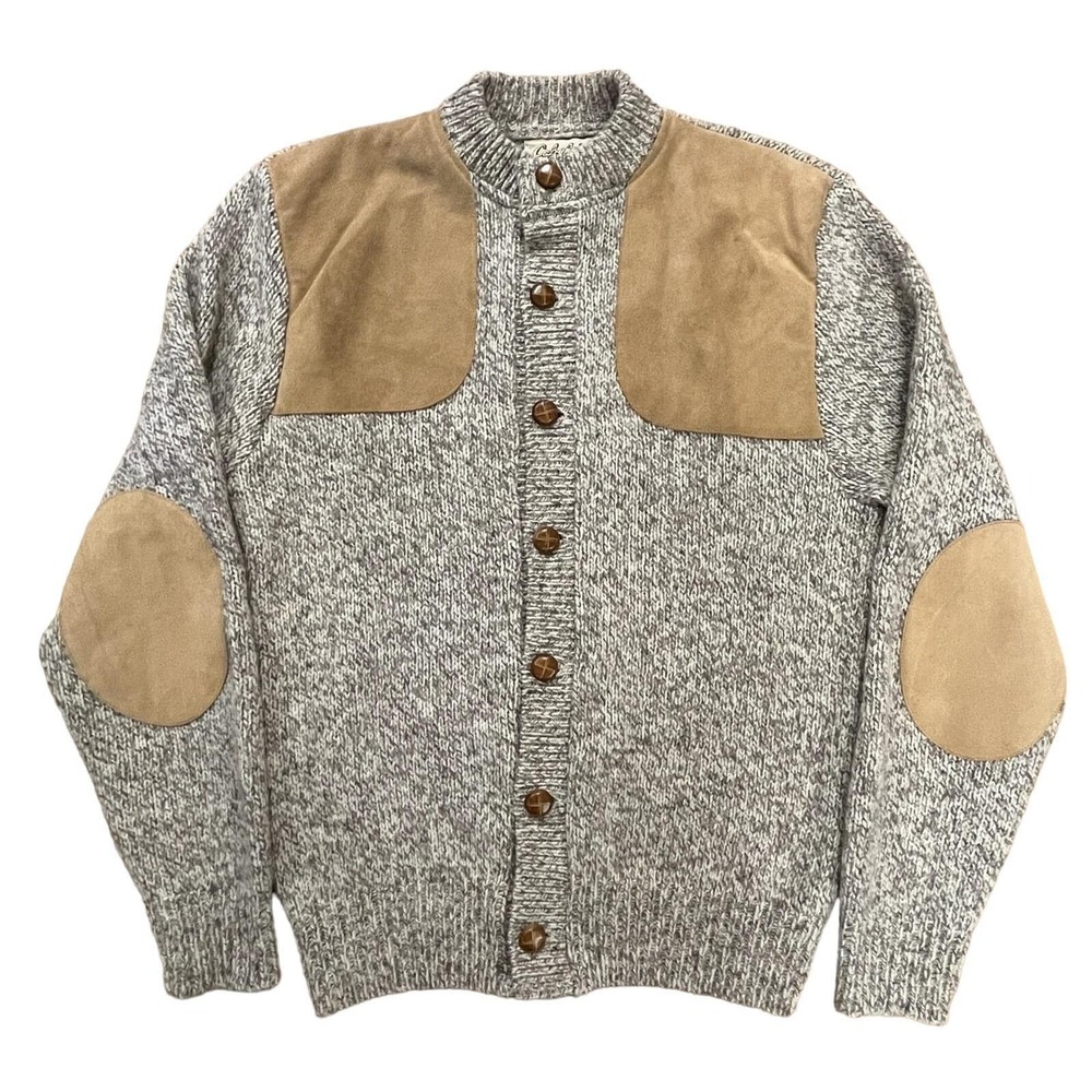 Vintage Cabela's Sweater Men's Beige Knit Wool Blend Leather Patches Hunting